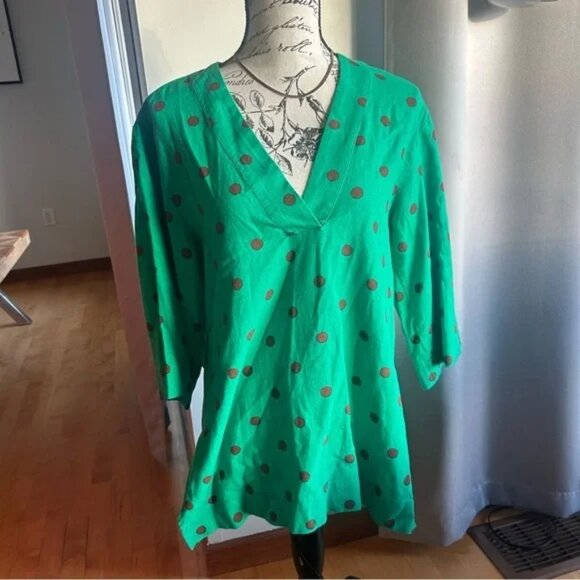 ZARA size small green dot print top. Linen blend, 3/4 length sleeves - Picture 9 of 9